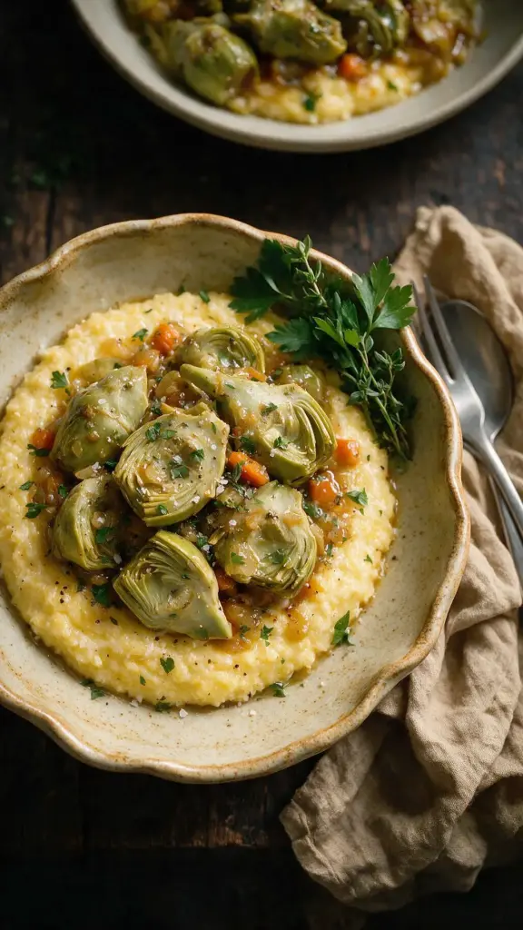Provenzalische geschmorte Artischocken mit cremiger Parmesan-Polenta