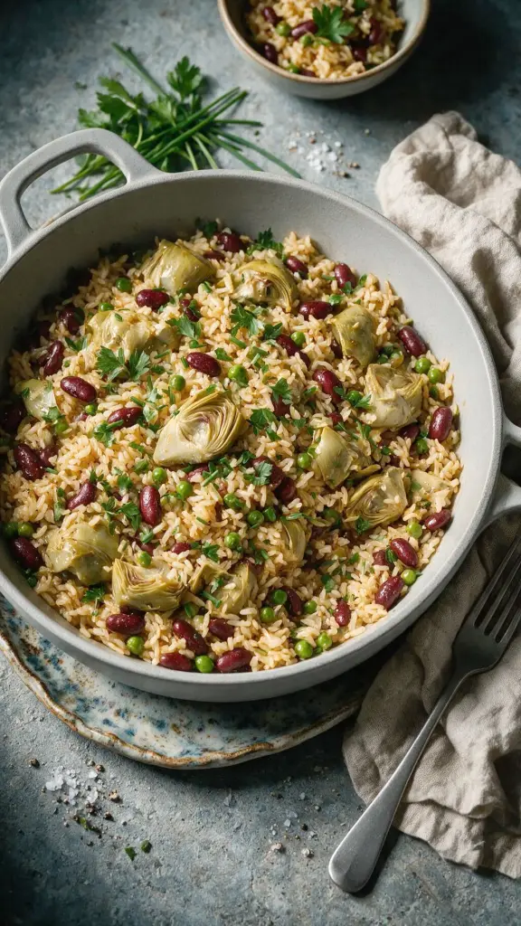 Paella mit Artischocken und Bohnen