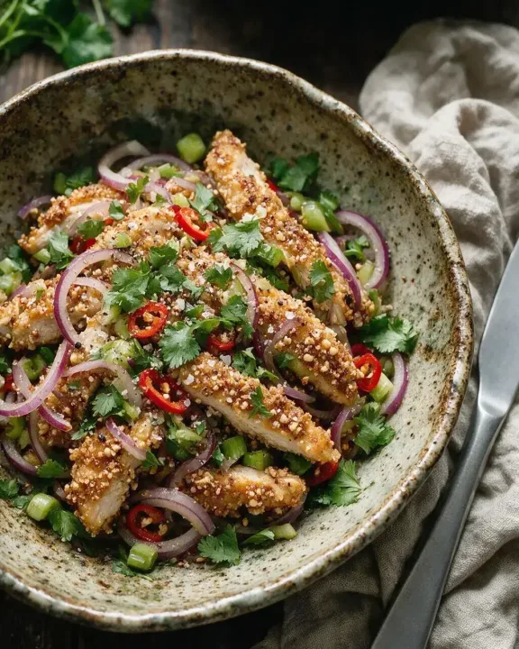 Asia-Salat mit knusprigem Hähnchen (KI-Illustration)