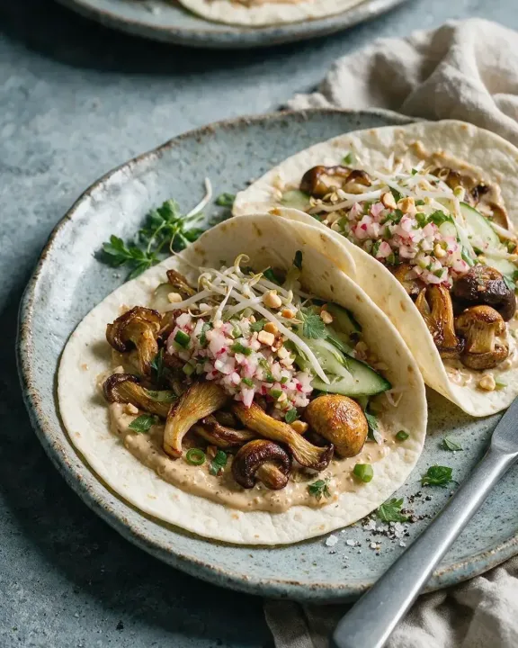 Pilz-Tacos mit Sesamsauce (KI-Illustration)