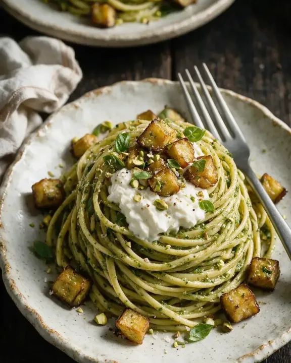 Auberginen-Pasta mit Burrata (KI-Illustration)