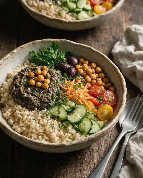 Auberginen-Hummus Buddha Bowl (KI-Illustration)