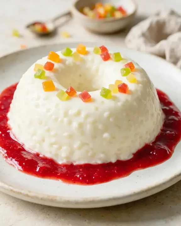 Reiscreme mit Früchten (KI-Illustration)