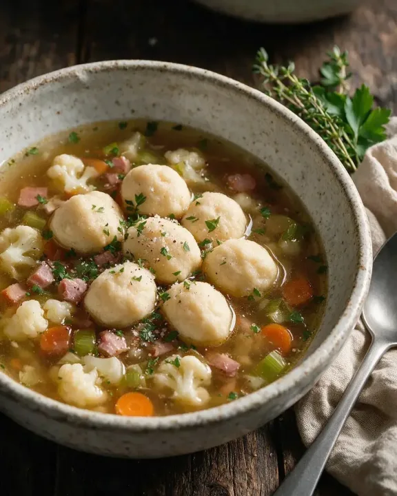 Blumenkohl-Schinken-Suppe mit Klößchen (KI-Illustration)