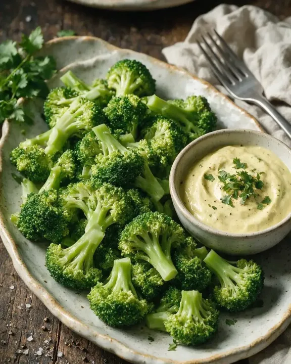 Curry-Brokkoli mit Mayonnaise-Dip (KI-Illustration)