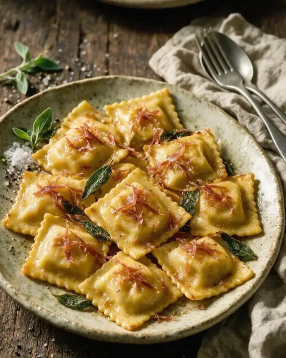 Butternut-Ravioli mit Prosciutto (KI-Illustration)
