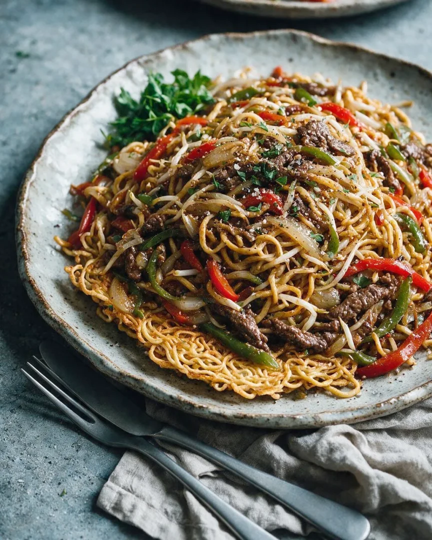 Chow Mein mit Rind und Paprika (KI-Illustration)