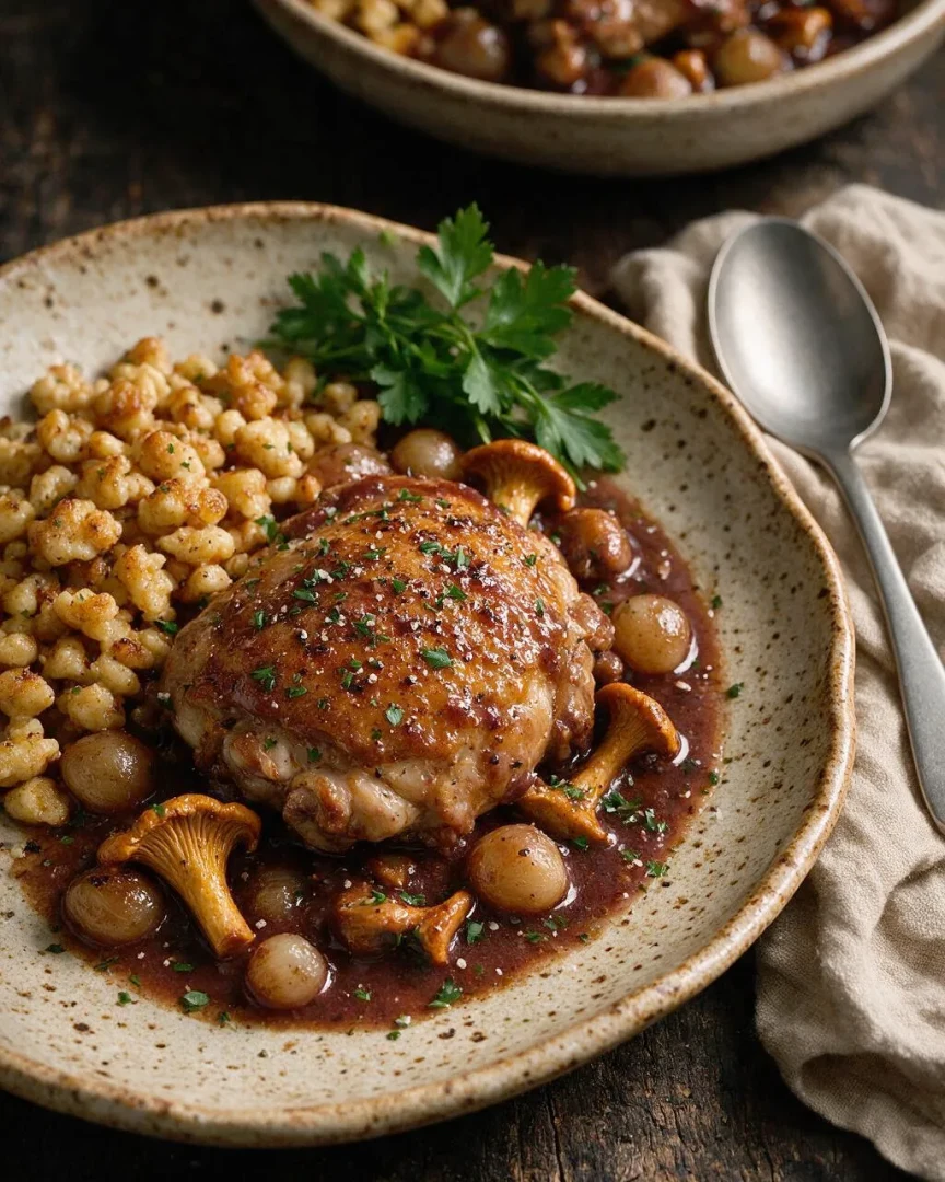 Coq au Vin mit Wildpilzen (KI-Illustration)