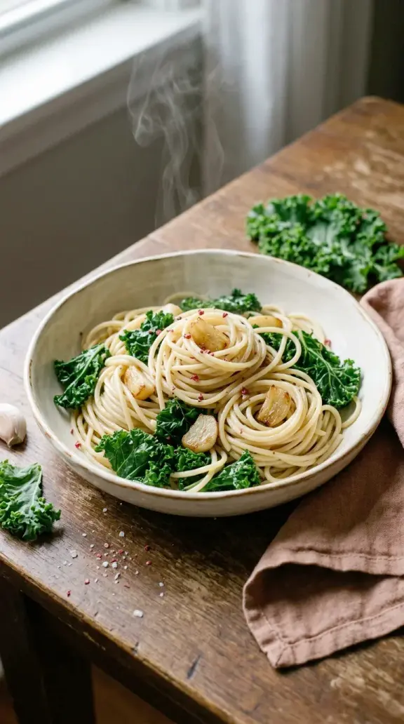 Spaghetti mit Knoblauch-Grünkohl