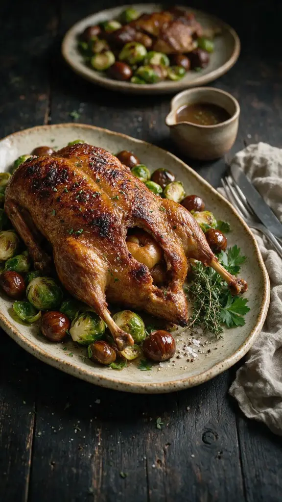 Entenbraten mit Rosenkohl und Maronen