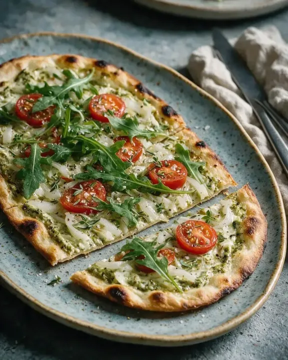 Flammkuchen Pesto & Tomate (KI-Illustration)