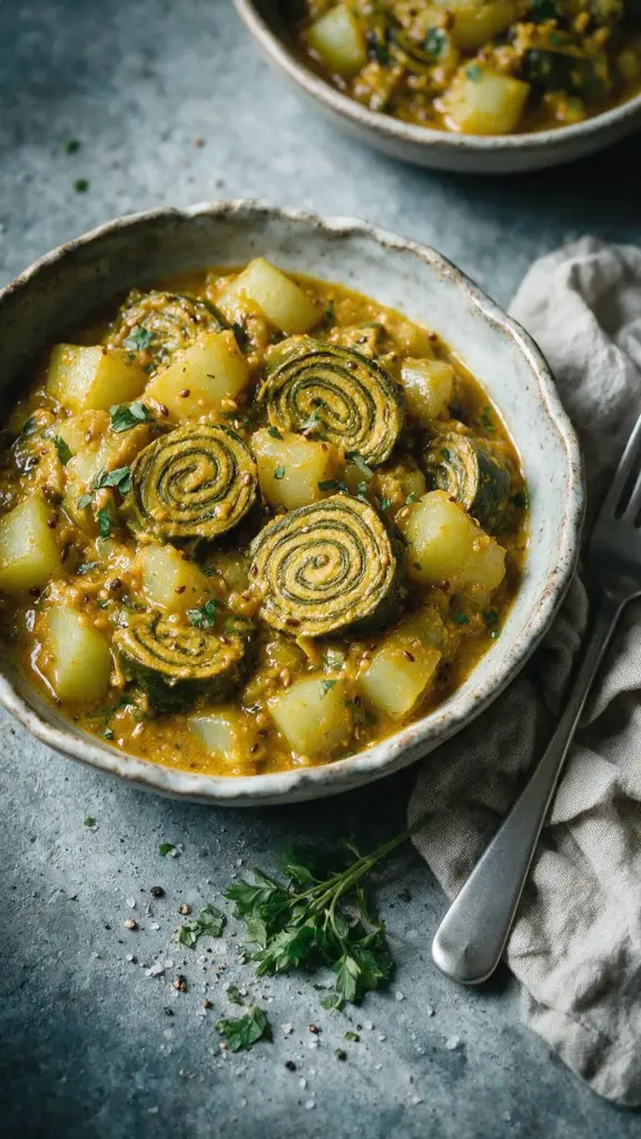 Flaschenkürbis mit Taro-Rouladen