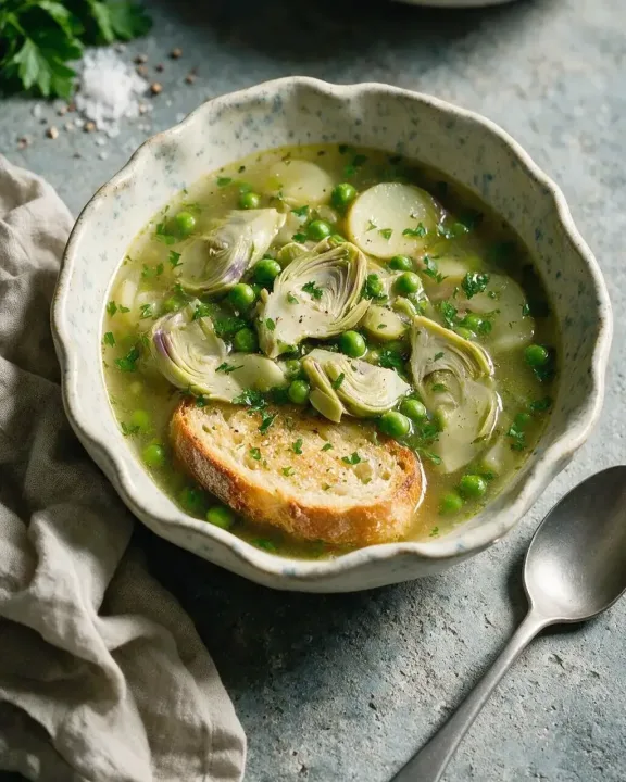 Frühlingssuppe mit Artischocken (KI-Illustration)