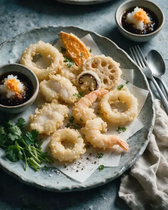 Tempura mit Garnelen & Fisch (KI-Illustration)