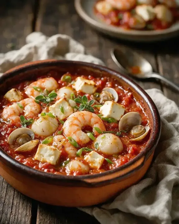 Garnelen und Muscheln mit Feta (KI-Illustration)