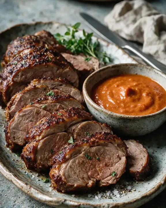 Lammkeule mit Rosinen-Tomatensauce (KI-Illustration)