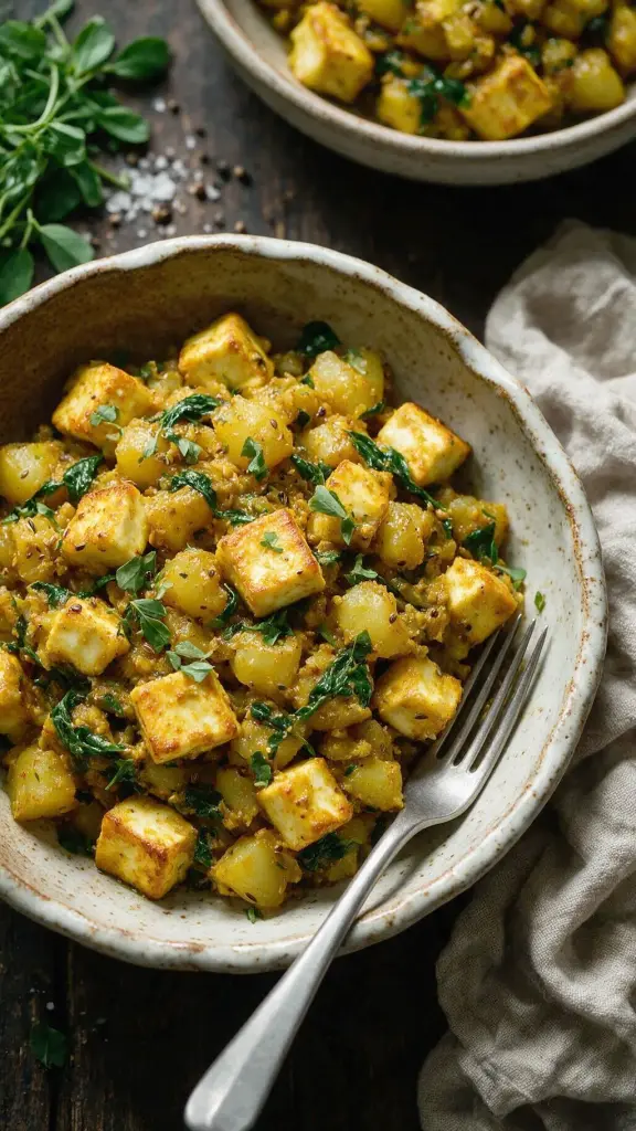 Gebratener Paneer mit Kartoffeln
