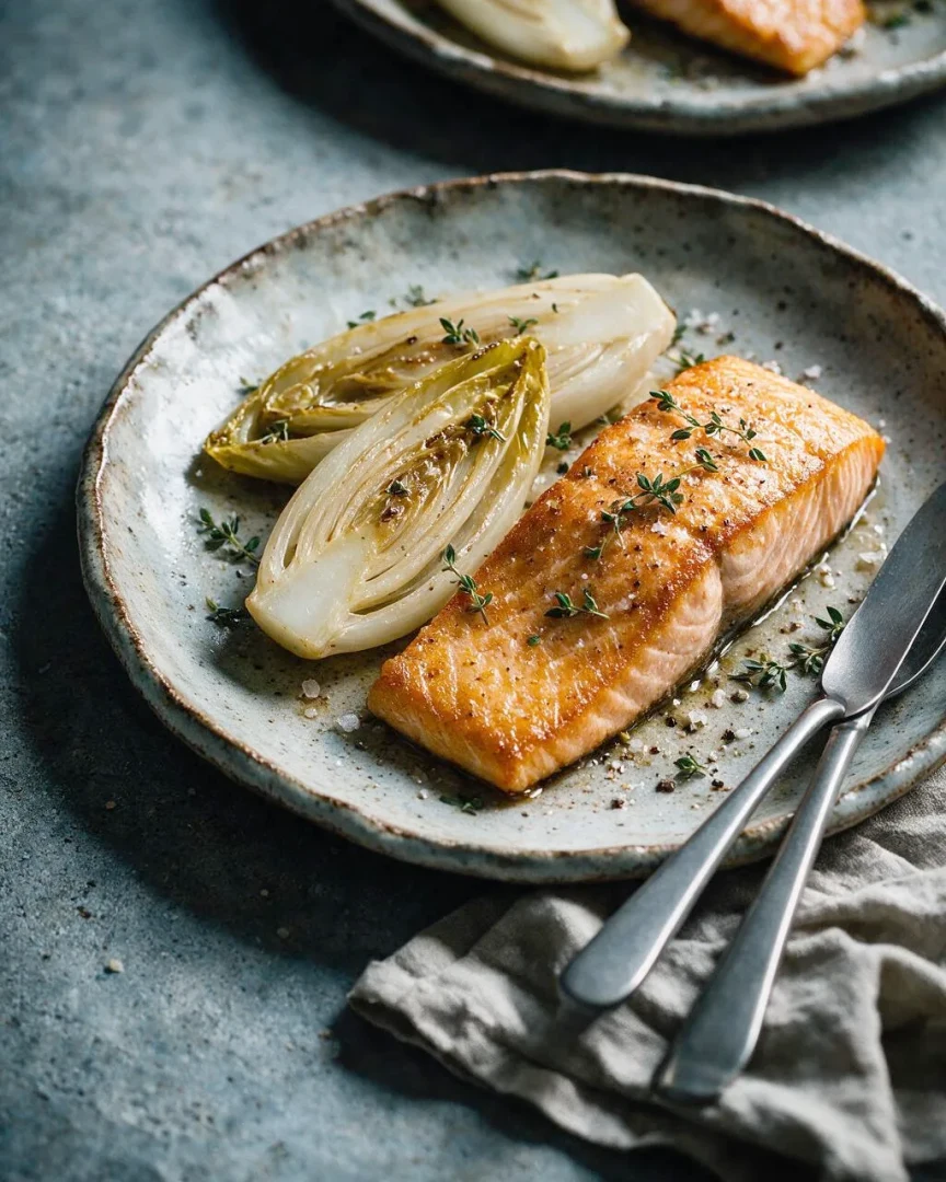 Gebratener Lachs mit Chicorée (KI-Illustration)