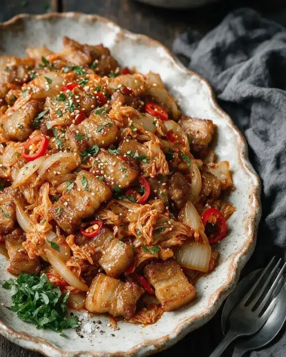 Gebratener Schweinebauch mit Kimchi (KI-Illustration)
