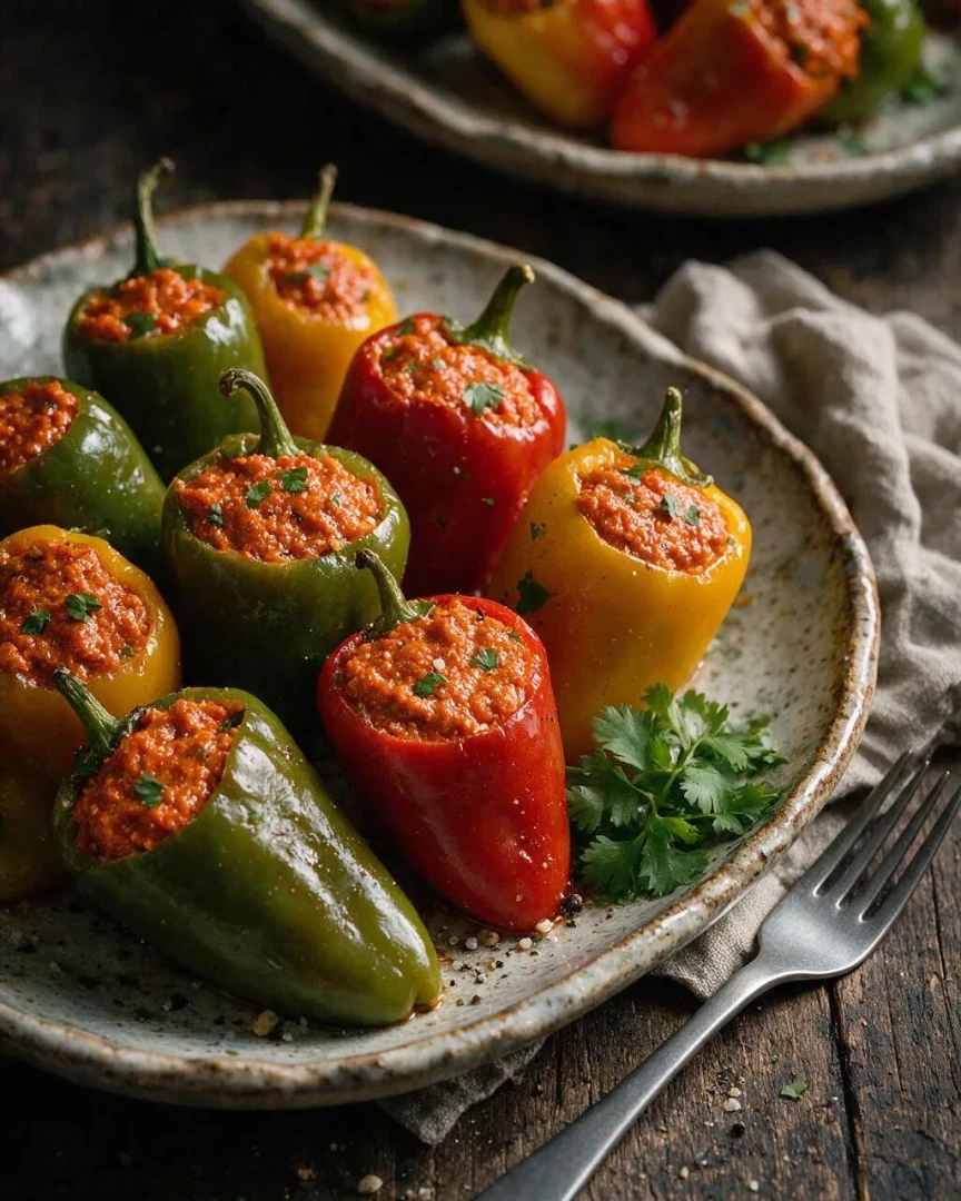 Gefüllte Mini-Paprika mit Pkhali (KI-Illustration)