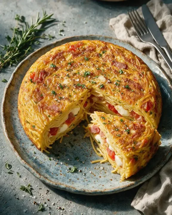 Spaghetti-Frittata mit Schinken (KI-Illustration)