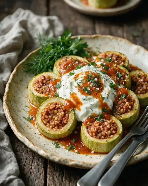 Gefüllte Zucchini mit Hackfleisch (KI-Illustration)