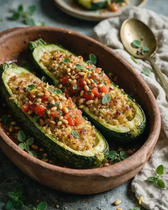 Gefüllte Zucchini, Pinienkern-Salsa (KI-Illustration)