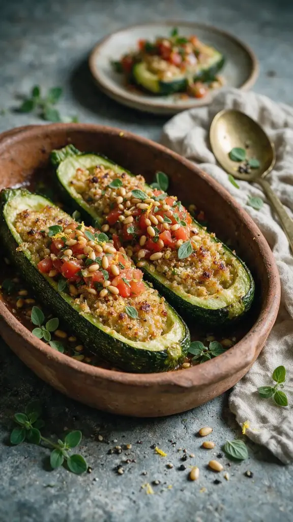 Gefüllte Zucchini, Pinienkern-Salsa