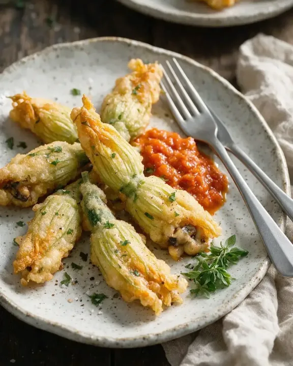 Zucchiniblüten gefüllt & frittiert (KI-Illustration)