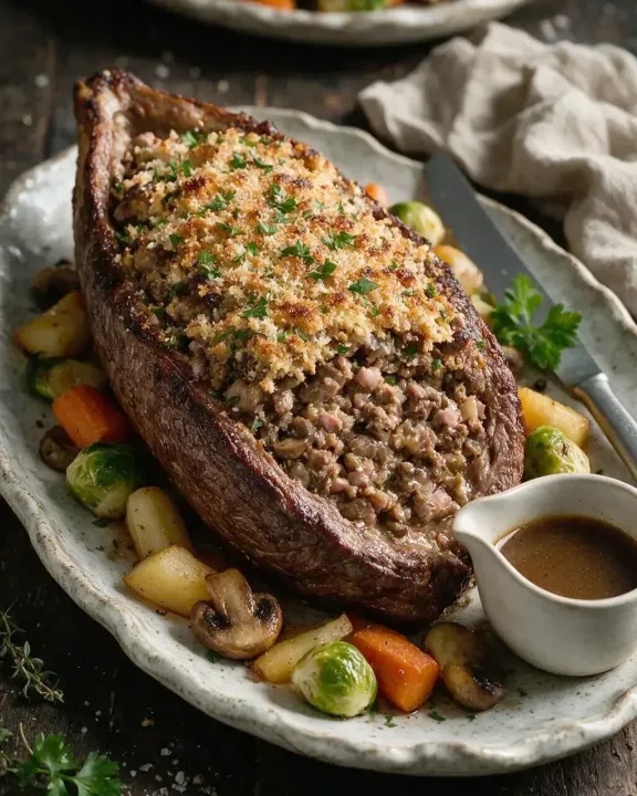 Gefüllter Rinderbraten mit Pilzen (KI-Illustration)