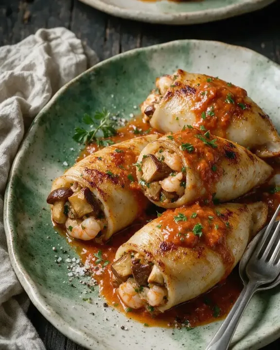 Tintenfisch mit Steinpilzen (KI-Illustration)