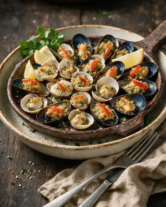 Gegrillte Muscheln in Schalenhälfte (KI-Illustration)