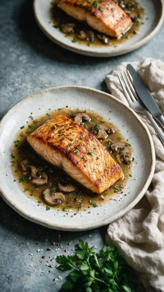 Lachs vom Grill, Pilz-Vinaigrette