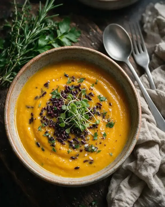 Kürbis-Curry-Suppe schwarzer Reis (KI-Illustration)