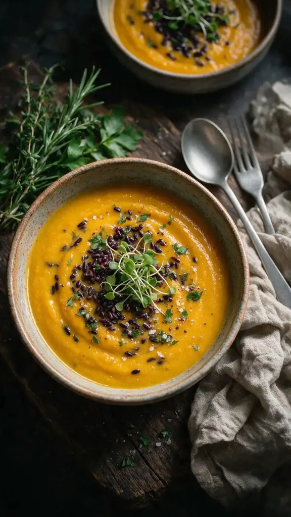 Kürbis-Curry-Suppe schwarzer Reis