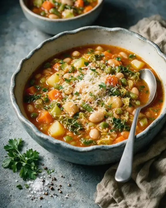 Gemüsesuppe mit Bohnen und Kohl (KI-Illustration)