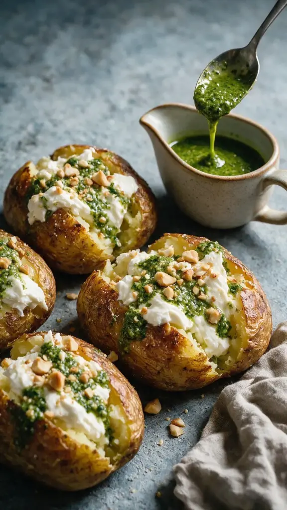 Gepofte Kartoffeln, Burrata & Pesto