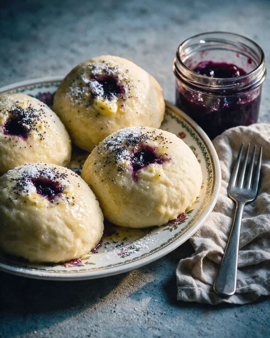 Germknödel mit Pflaumenmus (KI-Illustration)
