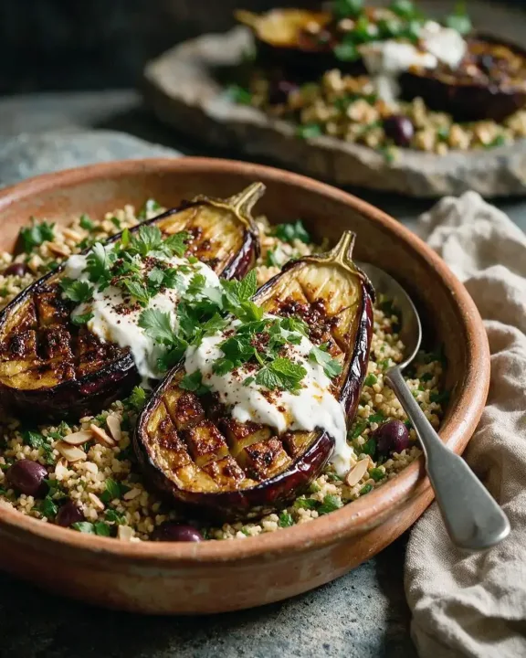 Chermoula-Auberginen mit Bulgur (KI-Illustration)