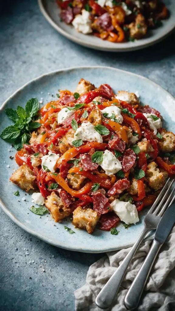 Paprika-Panzanella mit Salami