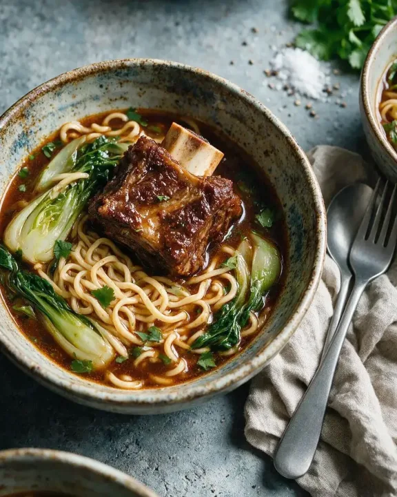 Geschmorte Rinderrippchen-Nudelsuppe (KI-Illustration)