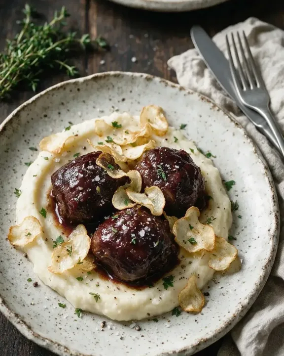 Schweinebäckchen in Rotwein (KI-Illustration)