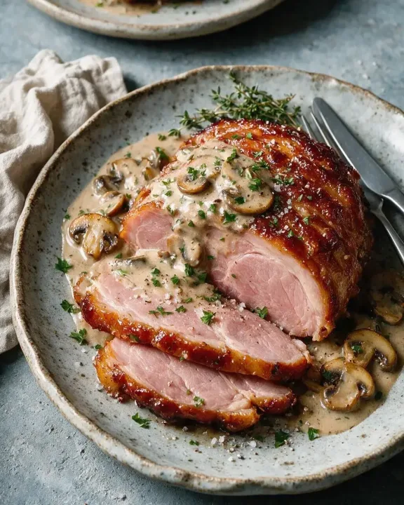 Geschmorter Schinken mit Pilzsauce (KI-Illustration)