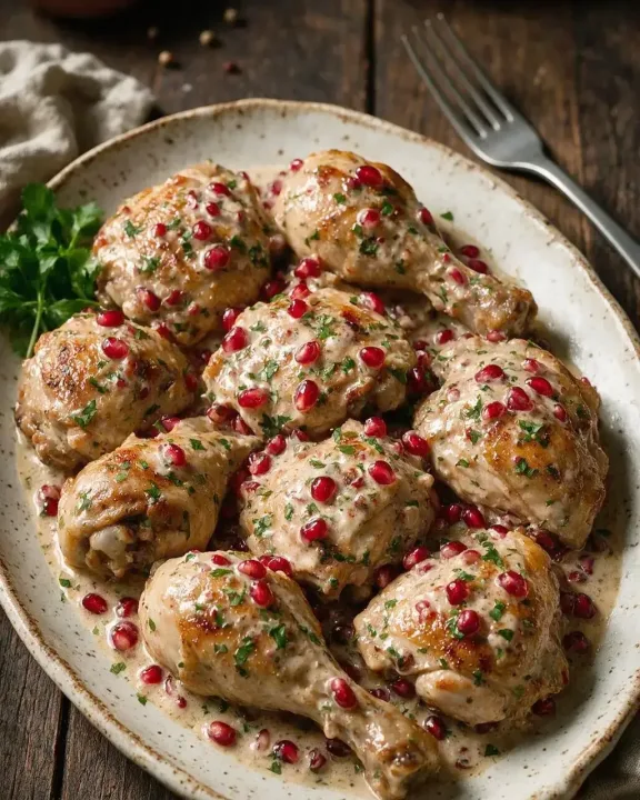 Geschmortes Granatapfel-Huhn (KI-Illustration)