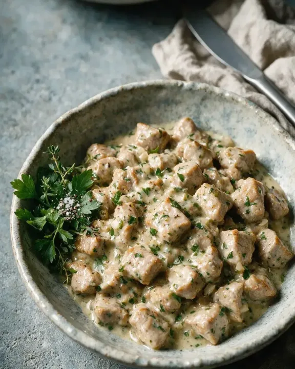 Schweinegeschnetzeltes mit Kräutern (KI-Illustration)
