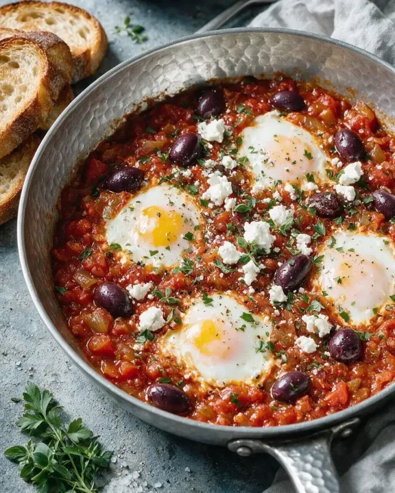 Shakshuka mit Kalamata-Oliven (KI-Illustration)
