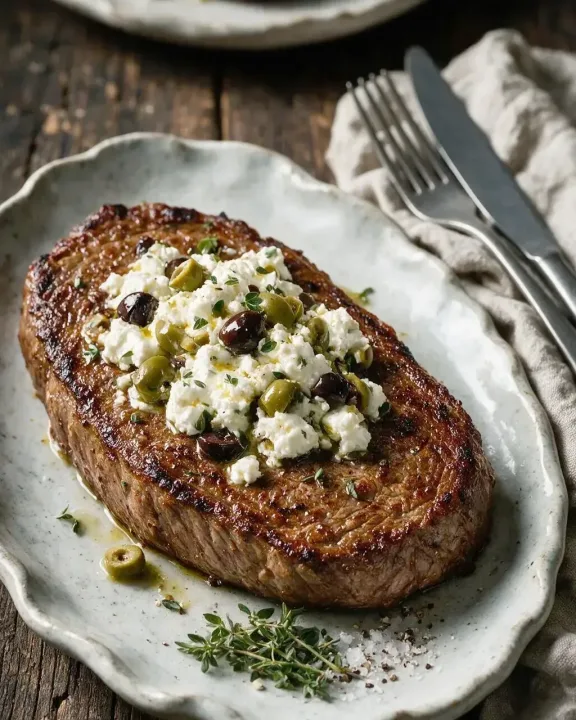 Rindersteak mit Feta und Oliven (KI-Illustration)