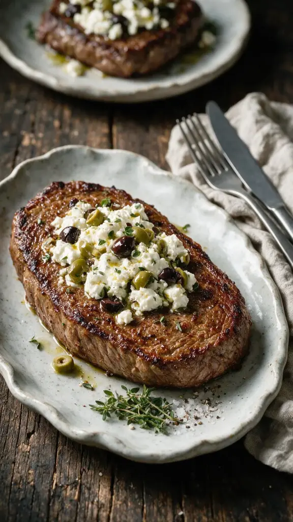 Rindersteak mit Feta und Oliven