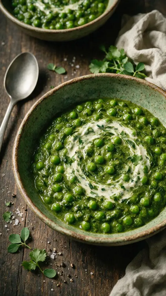 Grüne Erbsen mit Spinat-Bockshornklee-Sauce
