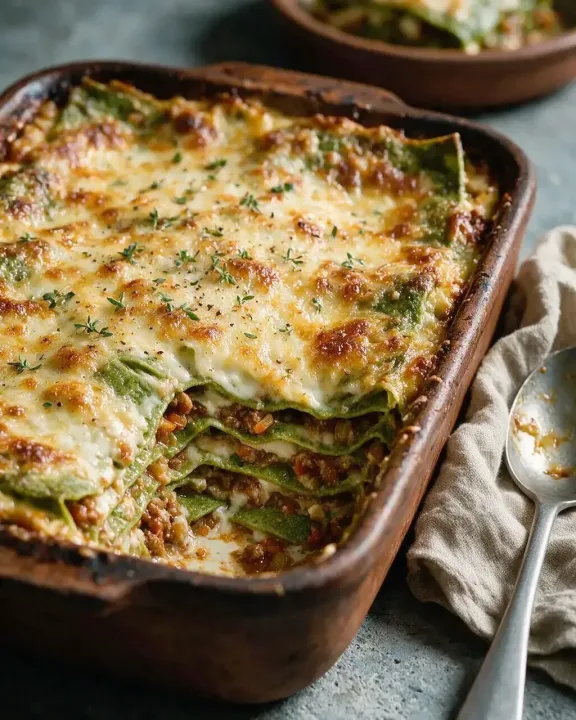 Grüne Lasagne Bolognese (KI-Illustration)